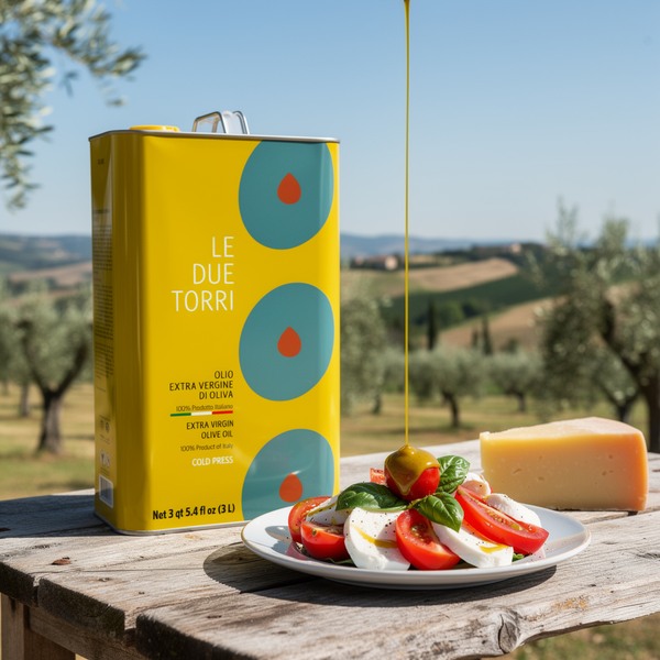 Le Due Torri olive oil can with a plate of salad and cheese on a wooden table outdoors.