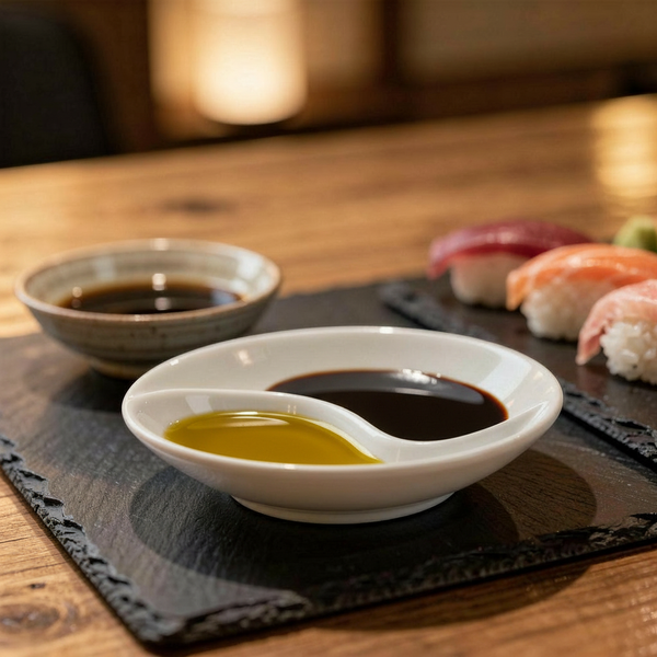 Two bowls of soy sauce on a wooden table with sushi in the background