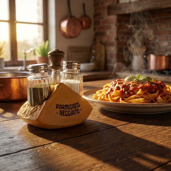 Plate of pasta with Parmigiano Reggiano cheese on a wooden table in a kitchen.