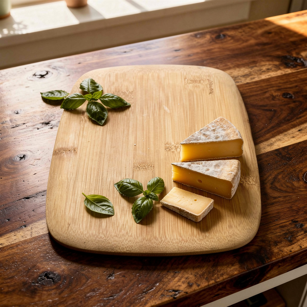 Wooden cutting board with sliced cheese and basil leaves on a wooden table.