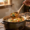 Steaming vegetable soup being ladled from a pot with a wooden spoon.