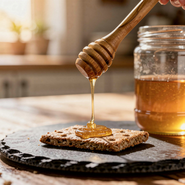 Honey being drizzled from a wooden honey dipper onto a cracker with a jar of honey in the background.