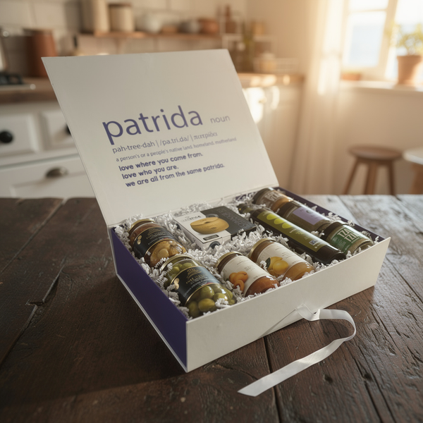 Box of patrida products on a wooden table with a kitchen background