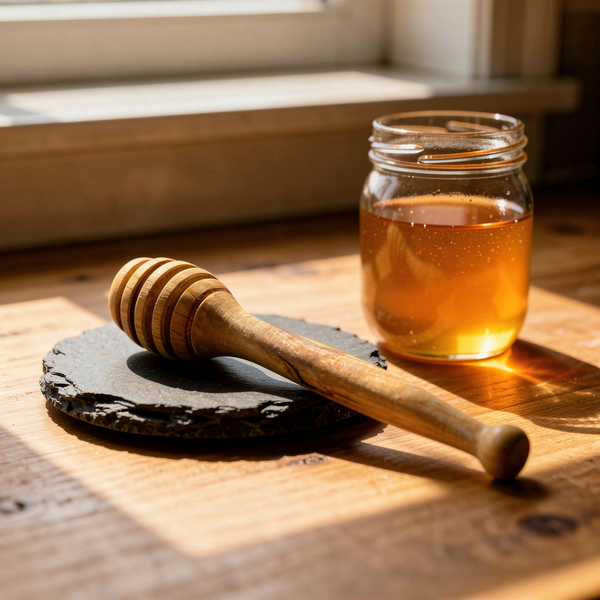 Jar of honey with a wooden honey dipper on a wooden surface