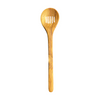 Wooden spoon with slotted design on a white background