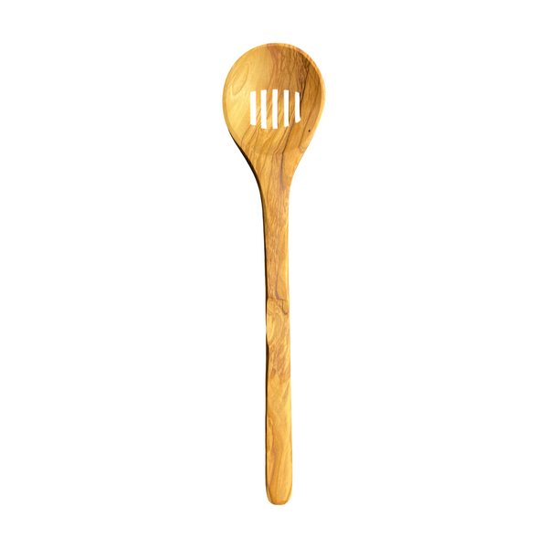 Wooden spoon with slotted design on a white background