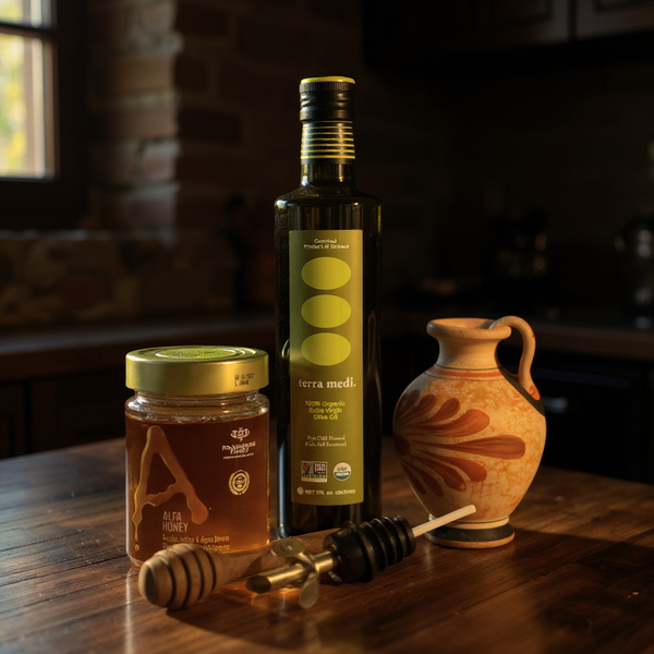 Gift box with honey, olive oil, and a box labeled 'patrida' on a wooden surface.