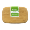 Bamboo cutting board with a label on a white background