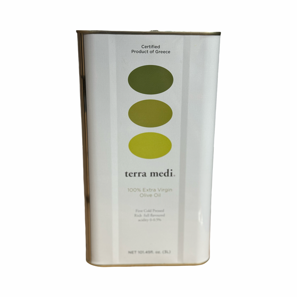 Terra Medi olive oil can with three green olive graphics on a white background