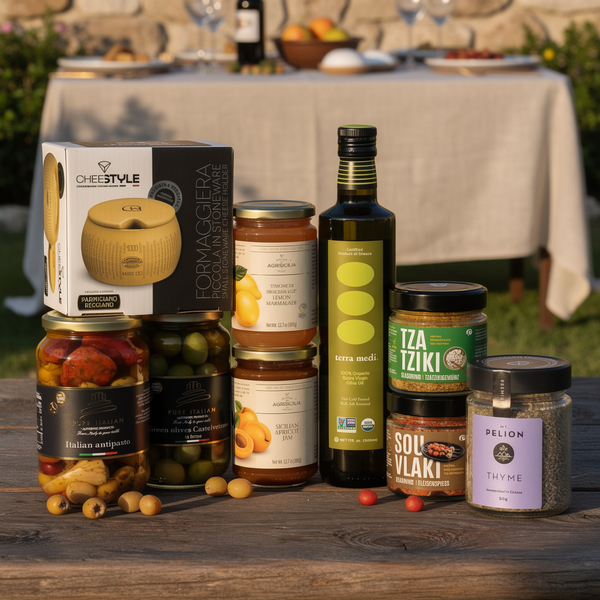 Assorted food products including jars and bottles on a wooden surface with a blurred outdoor setting.