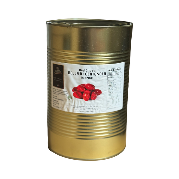 Gold canister with a label featuring red olives on a white background