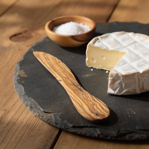 Cheese with a wooden knife and salt on a slate board on a wooden surface