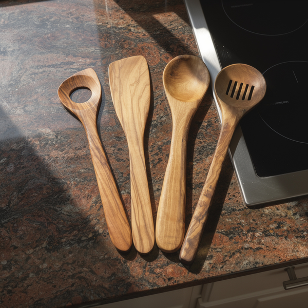 Set of wooden cooking utensils on a kitchen counter