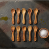 10 Wooden spoons arranged on a dark surface with a small bowl of salt.