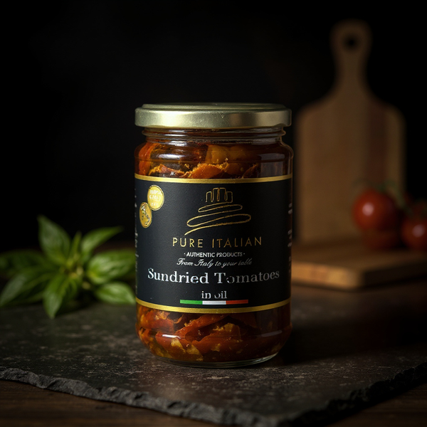 Jar of sundried tomatoes with 'Pure Italian' label on a dark background