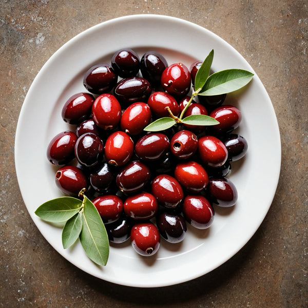 White plate with red and black olives on a brown surface