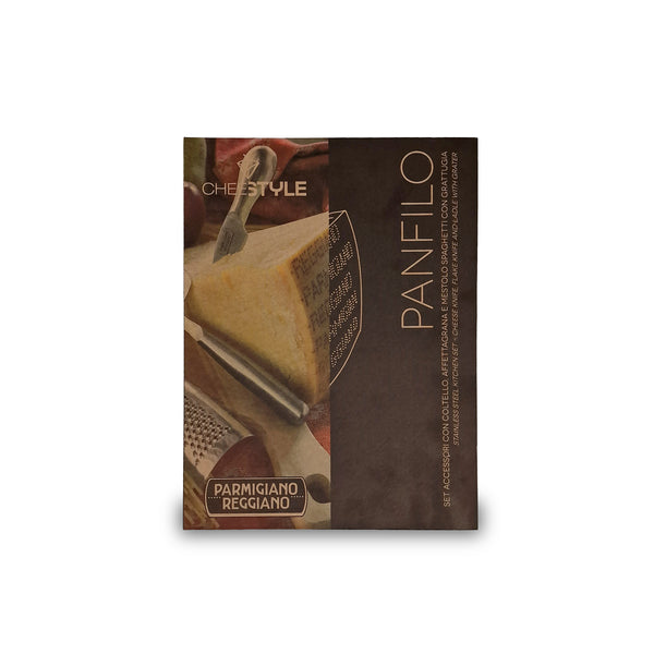 Cheese packaging with 'Panfilo' branding and Parmigiano Reggiano text on a white background