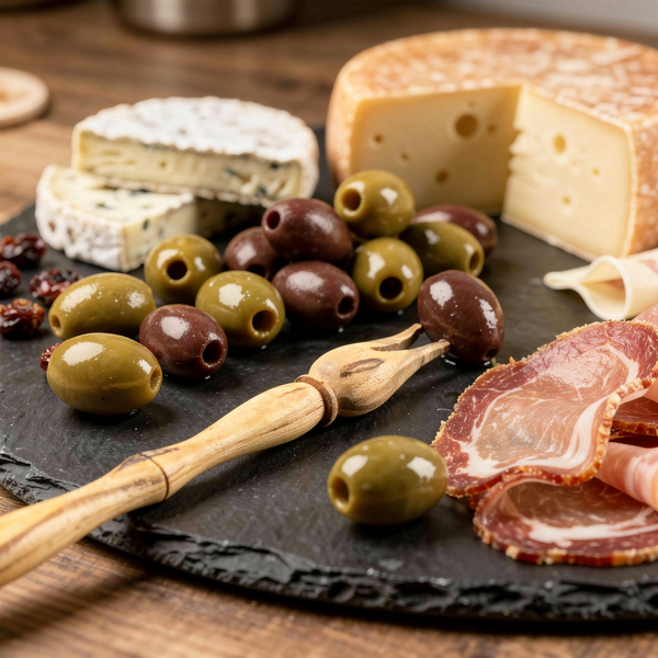 Assorted cheeses, olives, and cured meats on a slate board with a wooden fork.