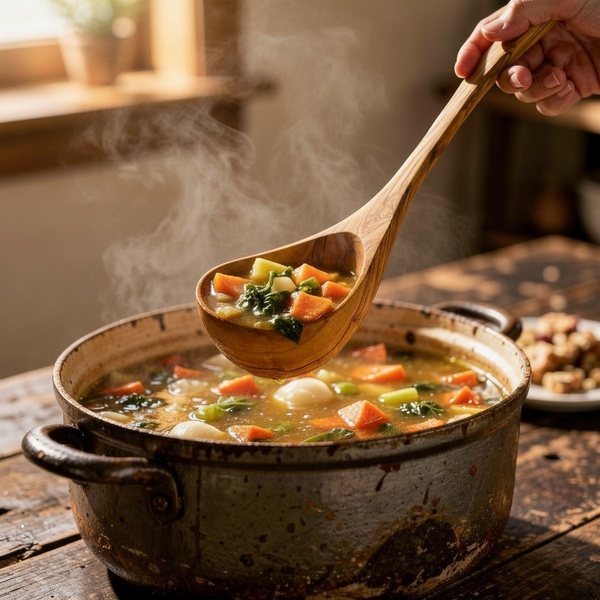 Steaming vegetable soup being ladled from a pot with a wooden spoon.
