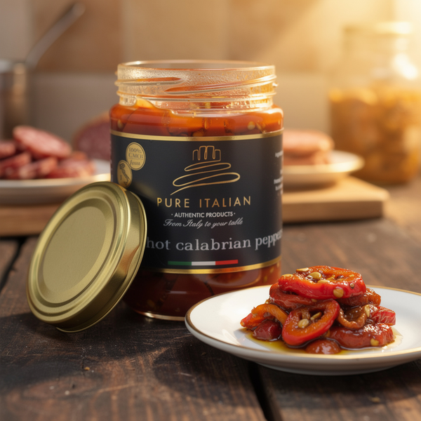 Jar of sliced hot calabrian pepper on a wooden table with a plate of food.