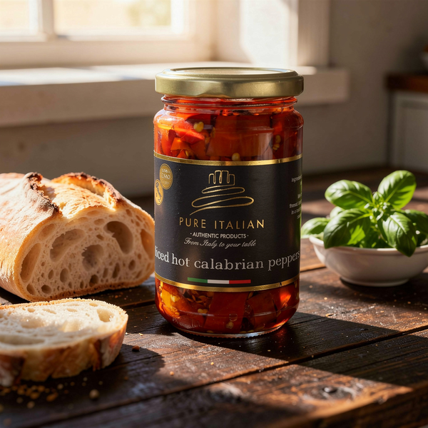 Jar ofsliced hot Calabrian peppers on a wooden table with bread and basil.