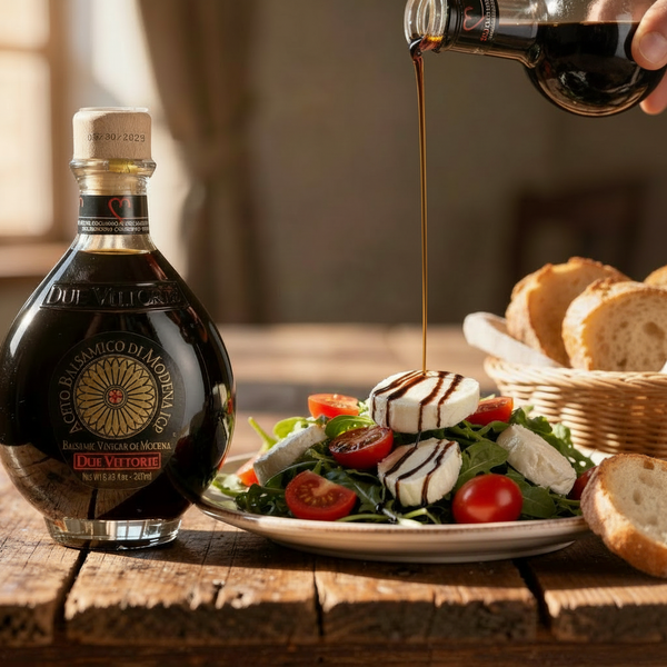 Bottle of balsamic vinegar being poured over a salad with bread on a wooden table.