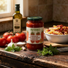 Jar of Inserbo tomato sauce on a wooden table with tomatoes, garlic, olive oil and pasta.