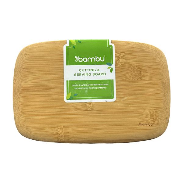 Bamboo cutting board with a label on a white background