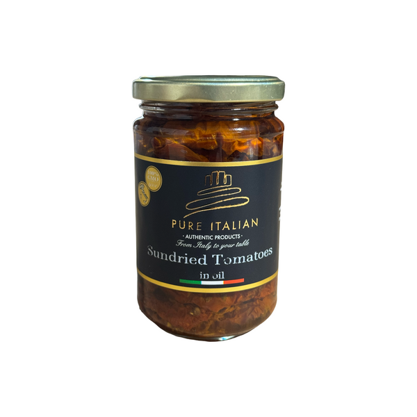 Jar of Pure Italian Sundried Tomatoes on a white background