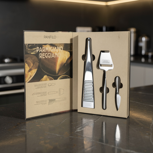 Set of Parmigiano Reggiano cheese tools in a box on a kitchen counter.