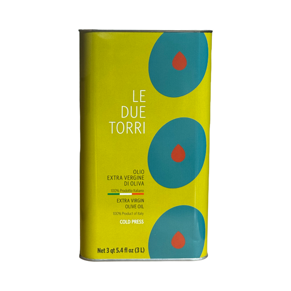 Le Due Torri olive oil can with colorful design on a white background