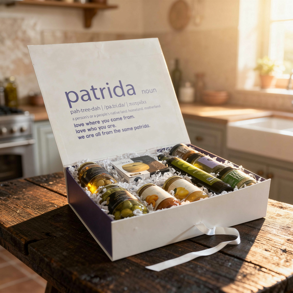 Box of patrida wine bottles on a wooden table in a kitchen setting