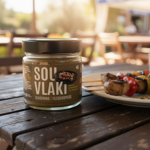 Jar of Souvlaki seasoning on a wooden table with skewered food in the background