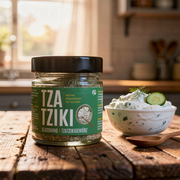 Jar of Tzatziki seasoning on a wooden table with a bowl of tzatziki and cucumber slices.
