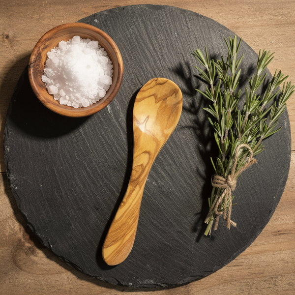 Wooden spoon, bowl of salt, and bundle of rosemary on a dark slate surface.