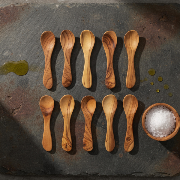10 Wooden spoons arranged on a dark surface with a small bowl of salt.