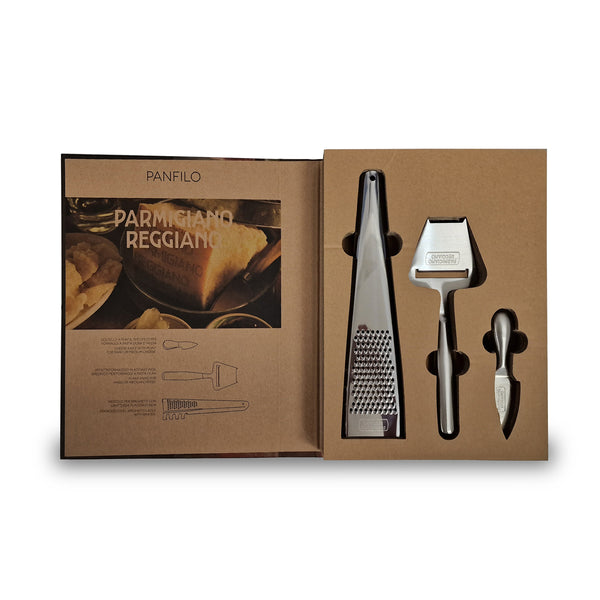 Cheese grating set with tools and packaging on a white background