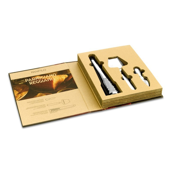 Open box containing Parmigiano Reggiano cheese tools on a white background